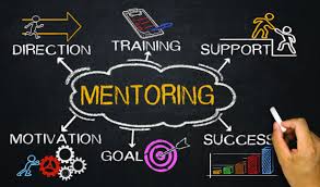 Illustration of business mentorship and career coaching with motivational keywords